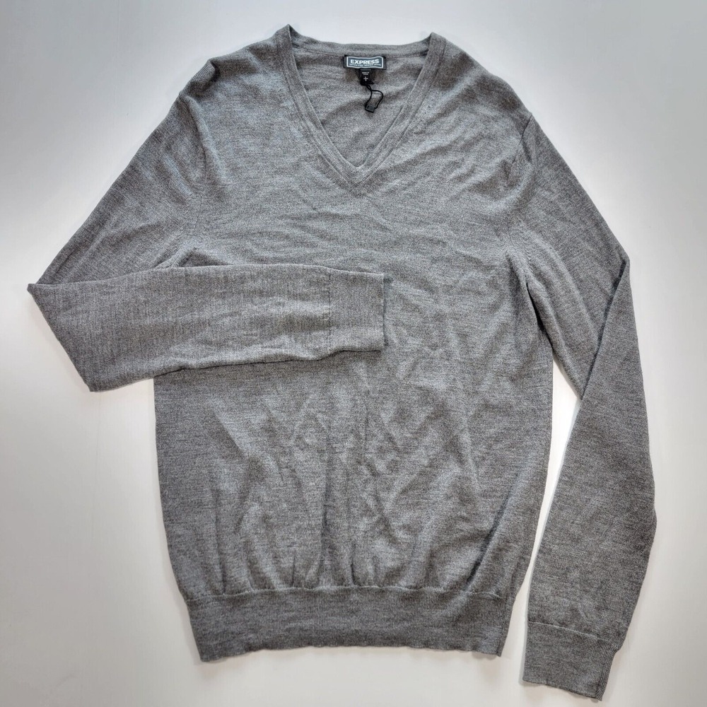 Express Men's Pullover Sweater V-neck Gray Merino Wool Size Large NEW W/O TAG